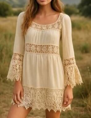 Free People Ivory Muslin Lace Sleeve Tunic Dress With Liner - $168 Large